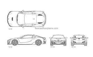 BMW i8 autocad drawing, plan and elevation 2d views, dwg file free for download