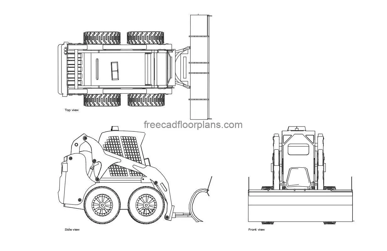 bobcat snow plow autocad drawing, plan and elevation 2d views, dwg file free for download