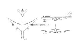 boeign 747 commercial airplane autocad drawing, plan and elevation 2d views, dwg file free for download
