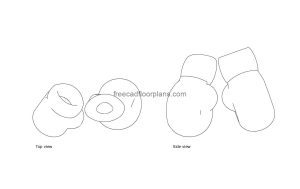 boxing gloves autocad drawing, plan and elevation 2d views, dwg file free for download