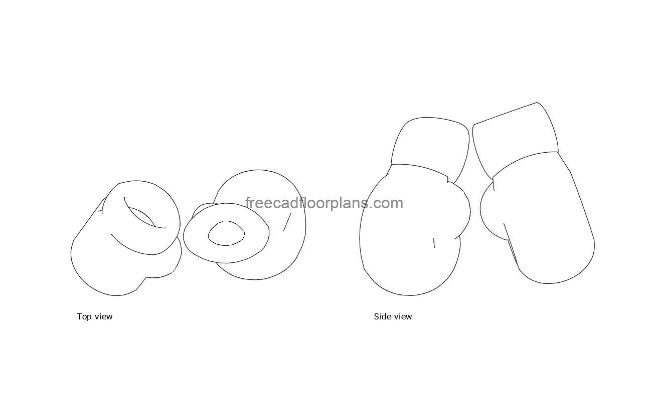 boxing gloves autocad drawing, plan and elevation 2d views, dwg file free for download