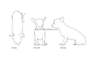 chihuahua dog autocad drawing, plan and elevation 2d views, dwg file free for download