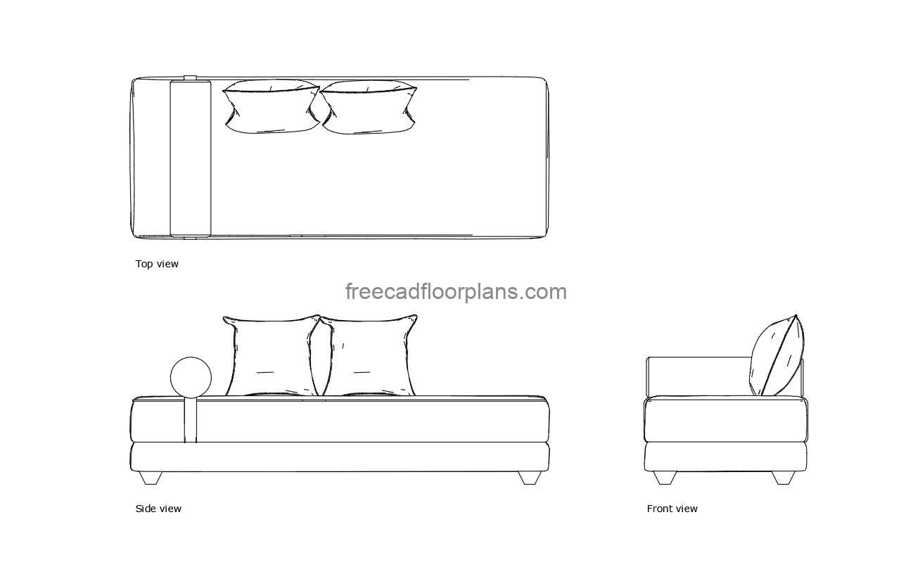 daybed autocad drawing, plan and elevation 2d views, dwg file free for download