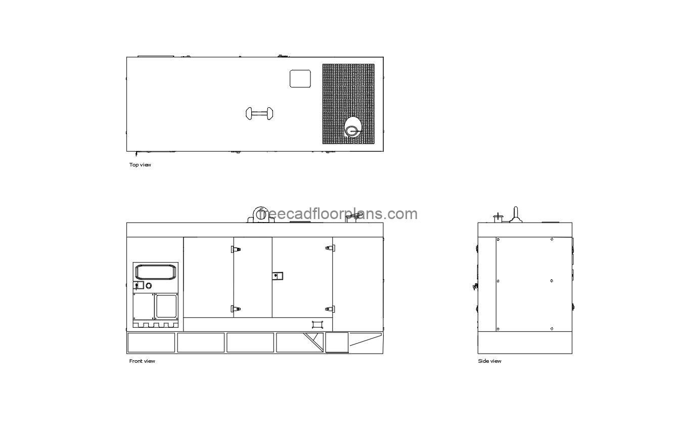 diesel generator autocad drawing, plan and elevation 2d views, dwg file free for download