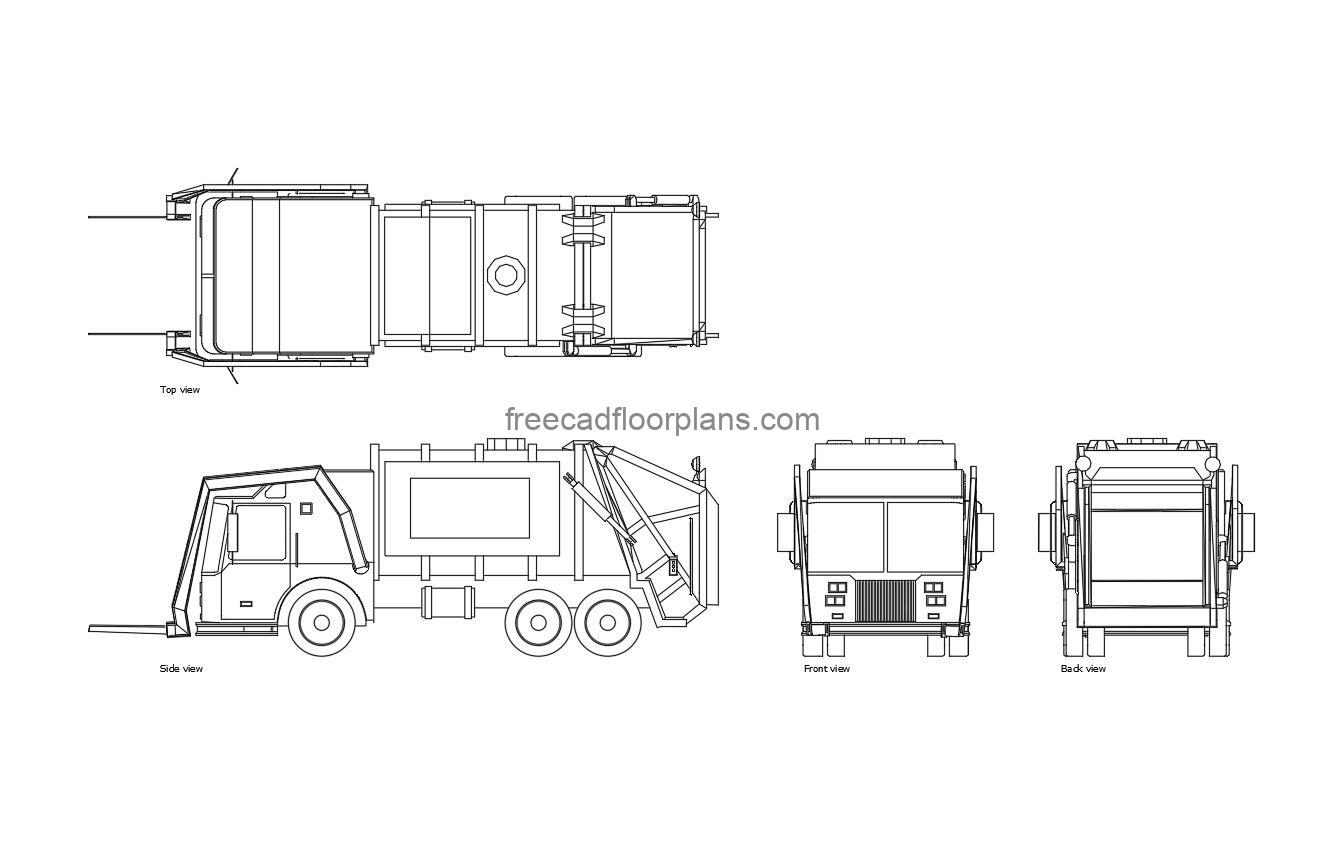 dumpster truck autocad drawing, plan and elevation 2d views, dwg file free for download
