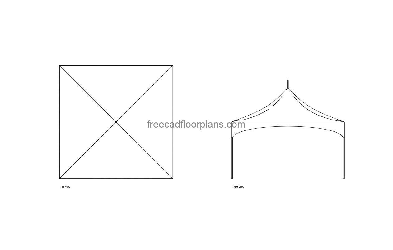 event tent autocad drawing, plan and elevation 2d views, dwg file free for download
