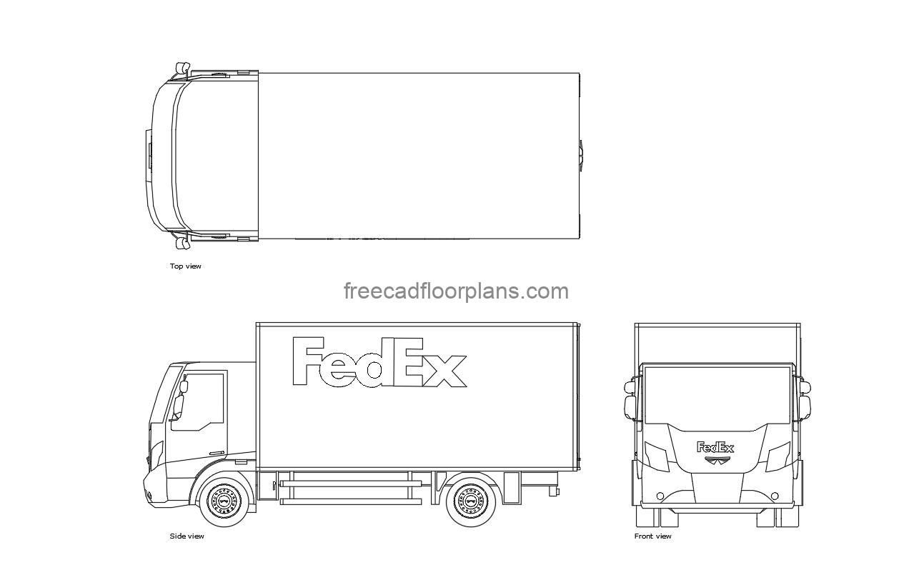 FedEx Truck autocad drawing, plan and elevation 2d views, dwg file free for download