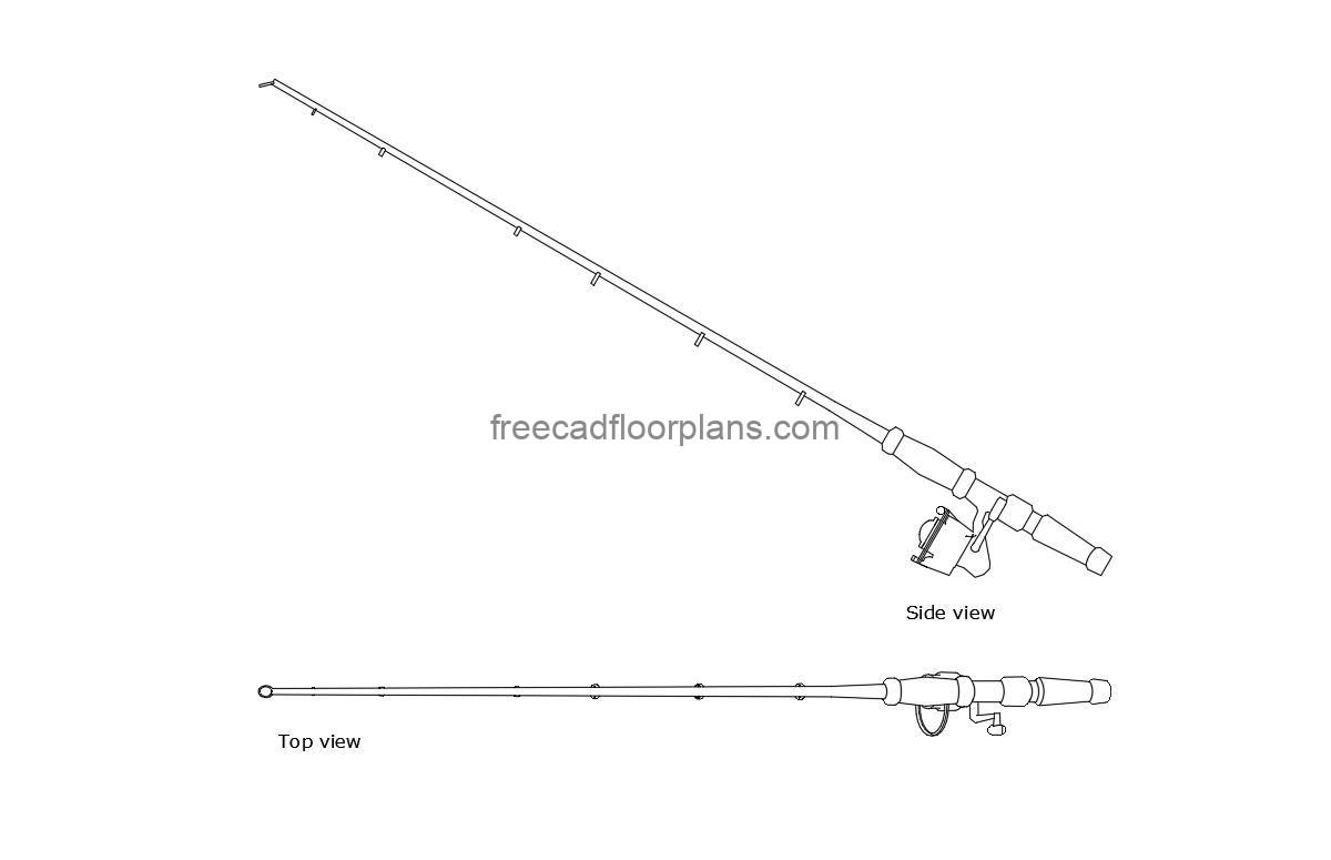 fishing pole autocad drawing, plan and elevation 2d views, dwg file free for download