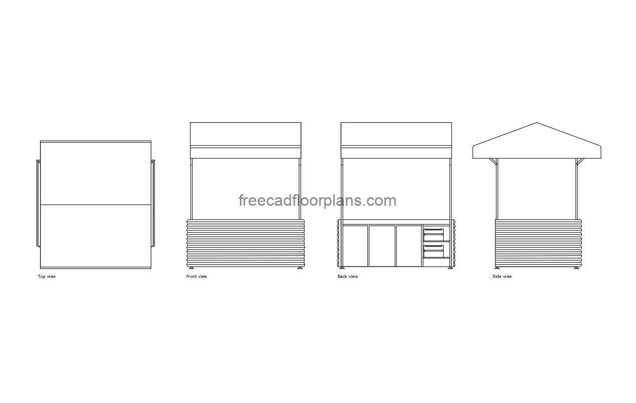food market stall autocad drawing plan and elevation 2d views, dwg file free for download
