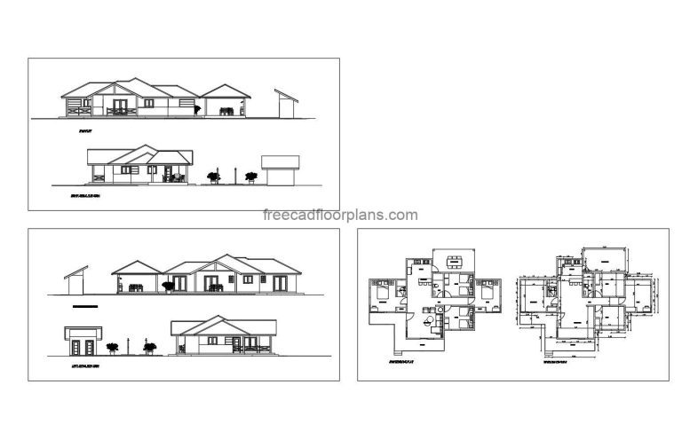 house with four bedrooms and sloped roof, autocad drawing, plan and elevation 2d views, dwg file free for download