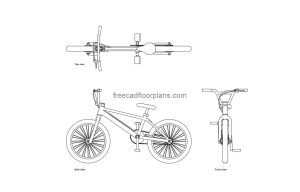 kids bike autocad drawing, plan and elevation 2d views, dwg file free for download