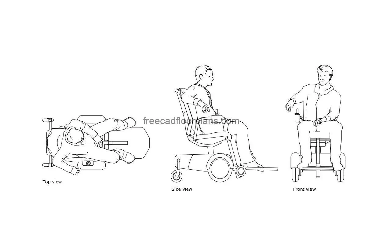 man in electric wheelchair autocad drawing, plan and elevation 2d views, dwg file free for download