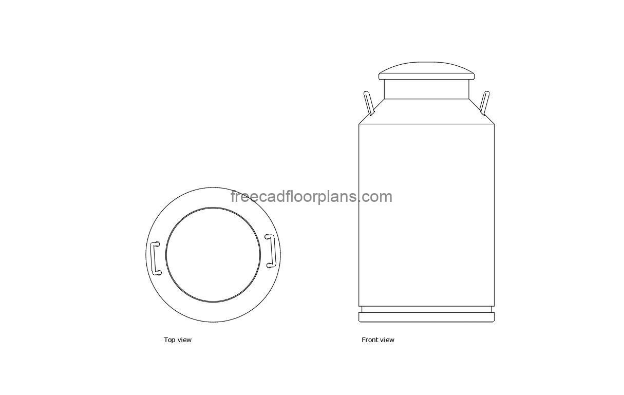 milk container autocad drawing, plan and elevation 2d views ,dwg file free for download