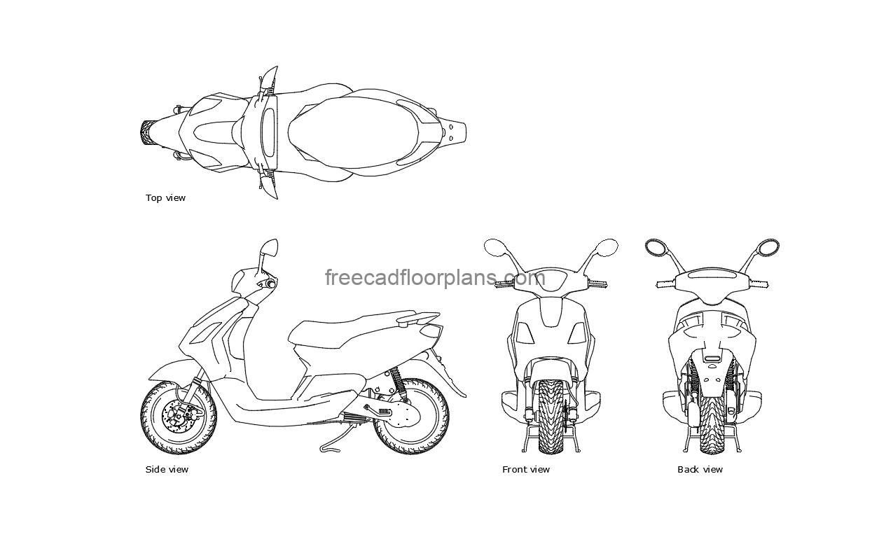 moped autocad drawing, plan and elevation 2d views, dwg file free for download