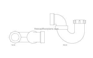 pipe trap autocad drawing, plan and elevation 2d views, dwg file free for download
