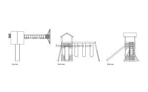 playground with swings autocad drawing, plan and elevation 2d views, dwg file free for download