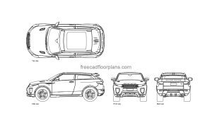 range rover evoque autocad drawing, plan and elevation 2d views, dwg file free for download