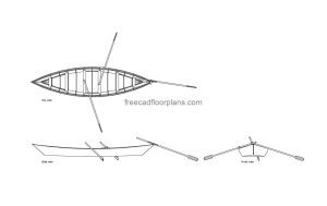 rowing boat autocad drawing plan and elevation 2d views, dwg file free for download