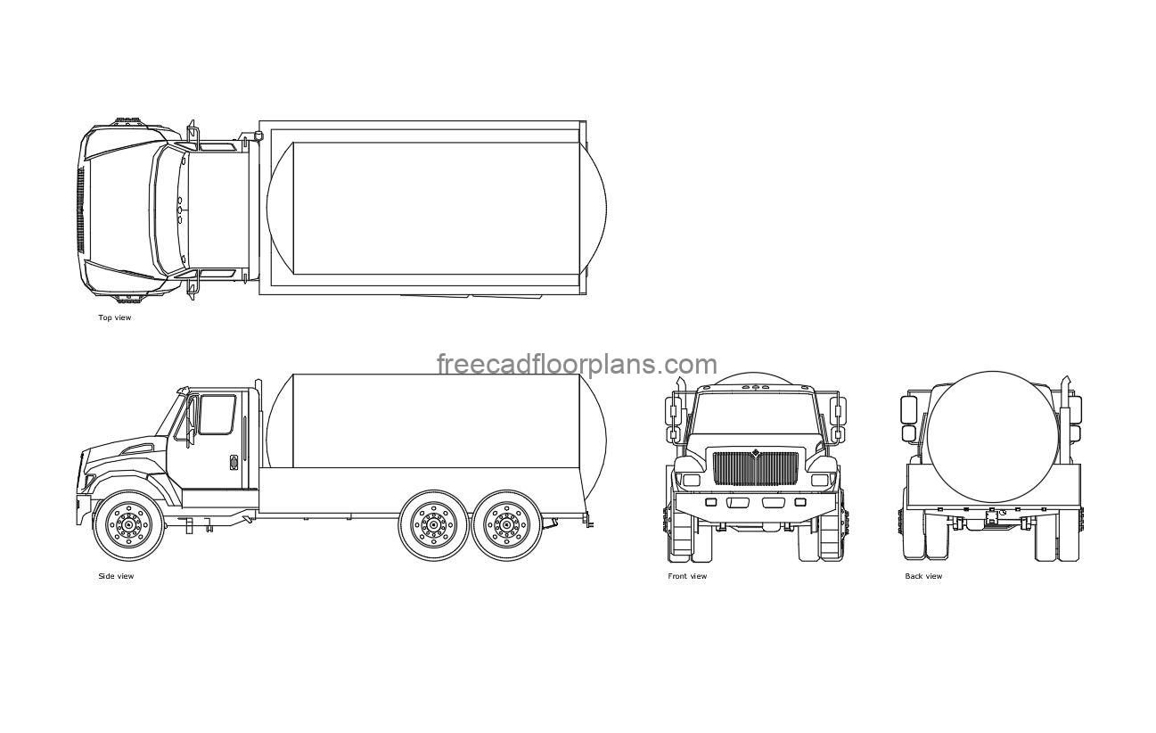 septic truck autocad drawing, plan and elevation 2d views, dwg file free for download