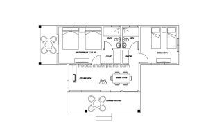 Small two-bedroom villa autocad drawing plan 2d views, terrace in front and two bathroom, dwg file free for download