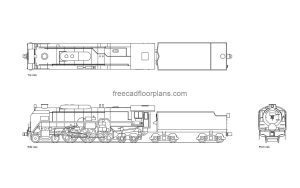 steam locomotive autocad drawing, plan and elevation 2d views, dwg file free for download
