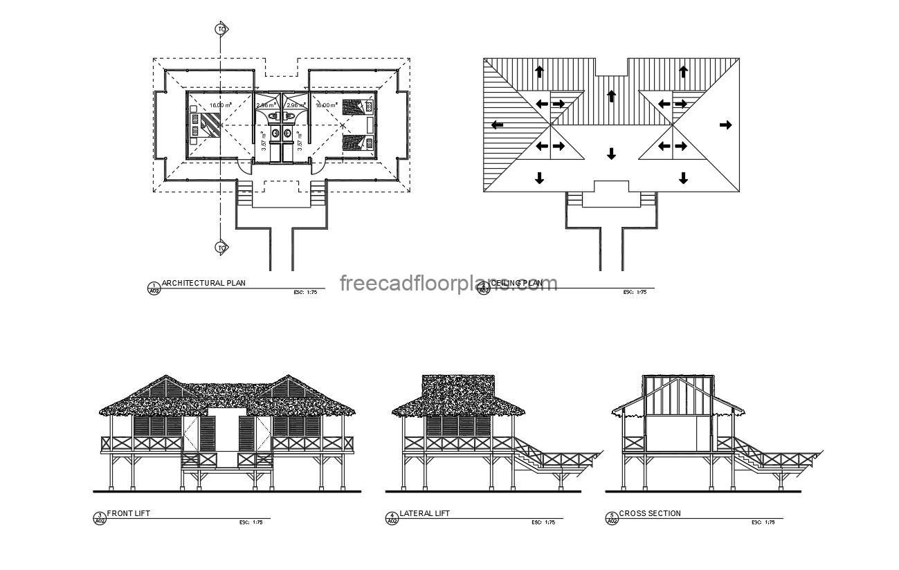 autocad drawing of a two bedroom bungalow with sloped roof, plan and elevation 2d views, dwg file free for download