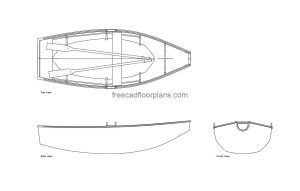 wooden row boat autocad drawing, plan and elevation 2d view, dwg file free for download