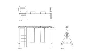 wooden swing autocad drawing, plan and elevation 2d views, dwg file free for download