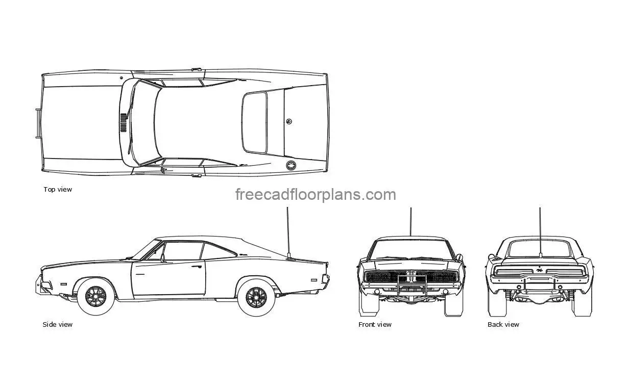 69 dodge charger autocad drawing, plan and elevation 2d views, dwg file free for download