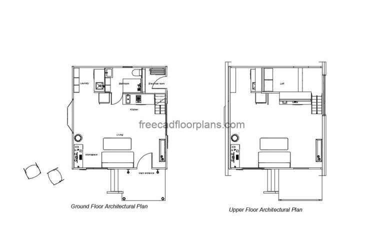 autocad drawing of a kame minimalist tainy house, plan and dimensioned floorplan with elevation dwg and pdf file for download