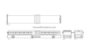 articulated bus autocad drawing, plan and elevation 2d views, dwg file for free download