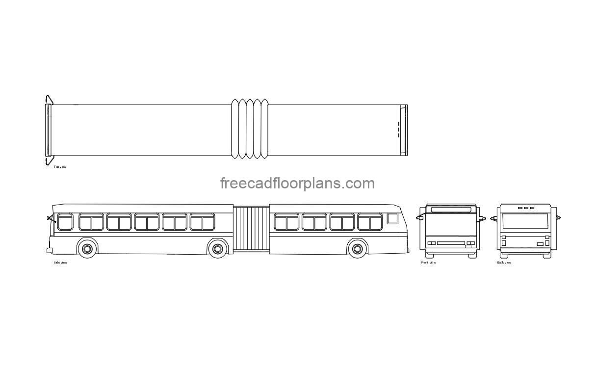 articulated bus autocad drawing, plan and elevation 2d views, dwg file for free download