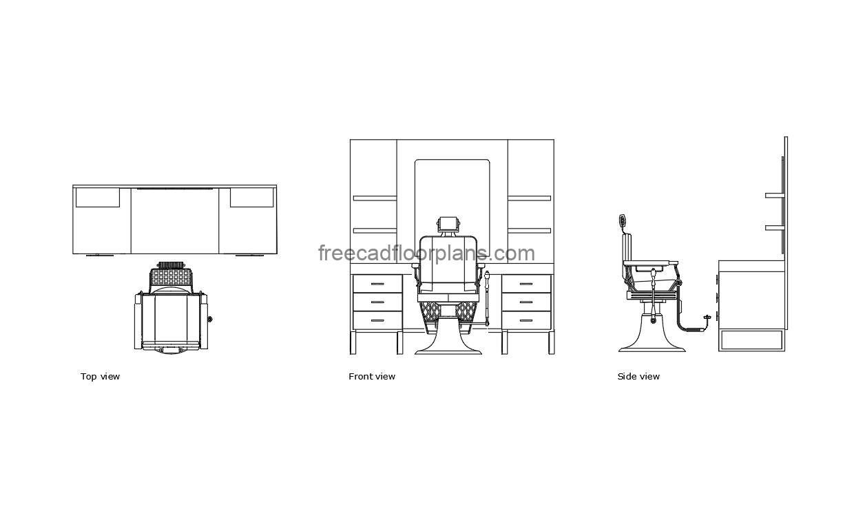 barber table autocad drawing, plan and elevation 2d views, dwg file free for download