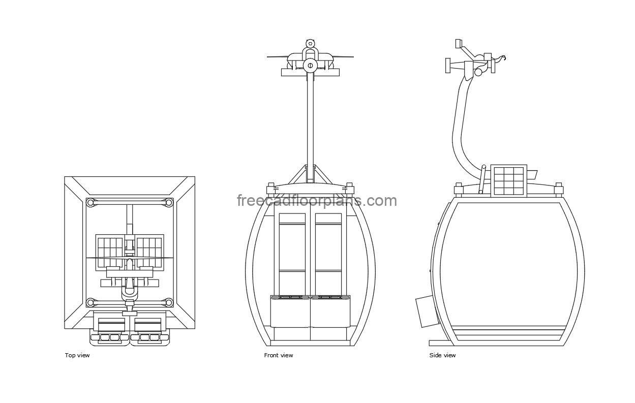 cable car autocad drawing, plan and elevation 2d views, dwg file free for download