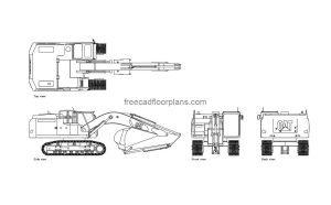 caterpillar excavator autocad drawing, plan and elevation 2d views, dwg file free for download