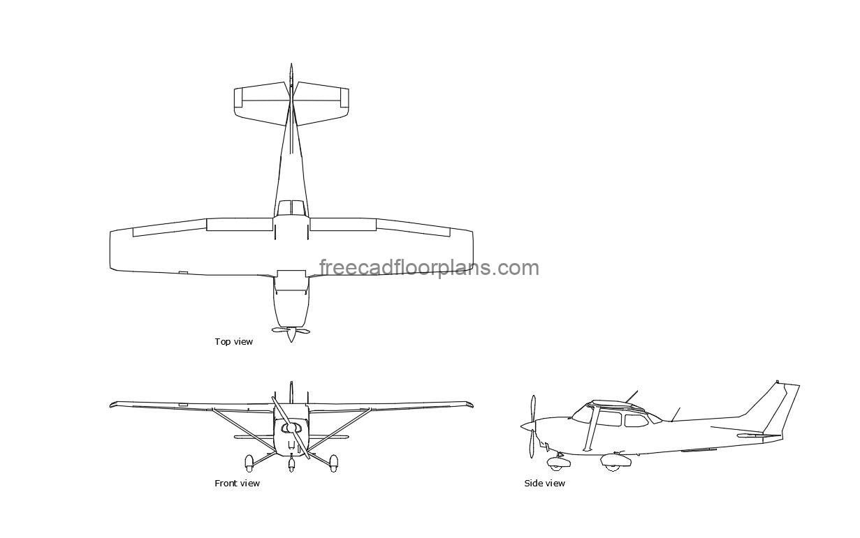 cessna 172 skyhawk autocad drawing, plan and elevation 2d views, dwg file free for download