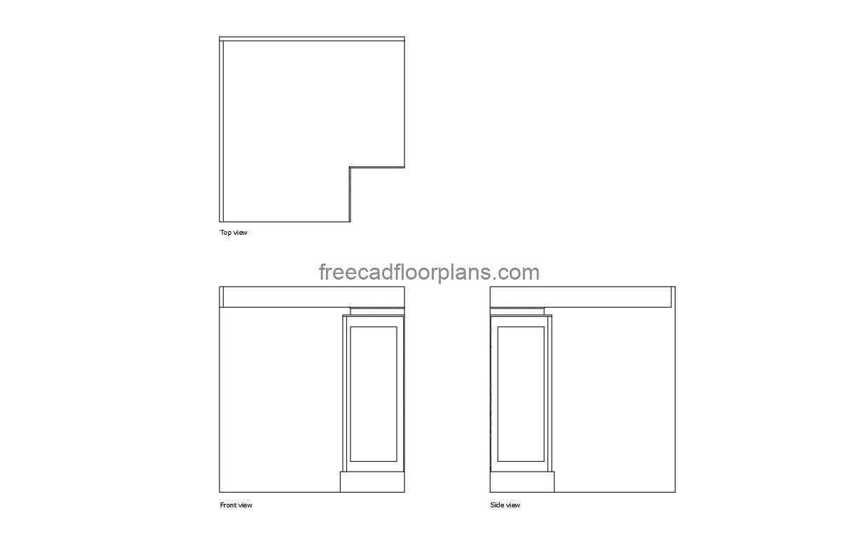 corner base cabinet autocad drawing, plan and elevation 2d views, dwg file free for download