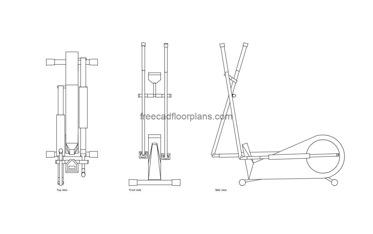 elliptical machine autocad drawing, plan and elevation 2d views, dwg file free for download