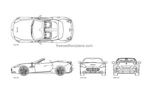 ferrari california autocad drawing, plan and elevation 2d views, dwg file free for download