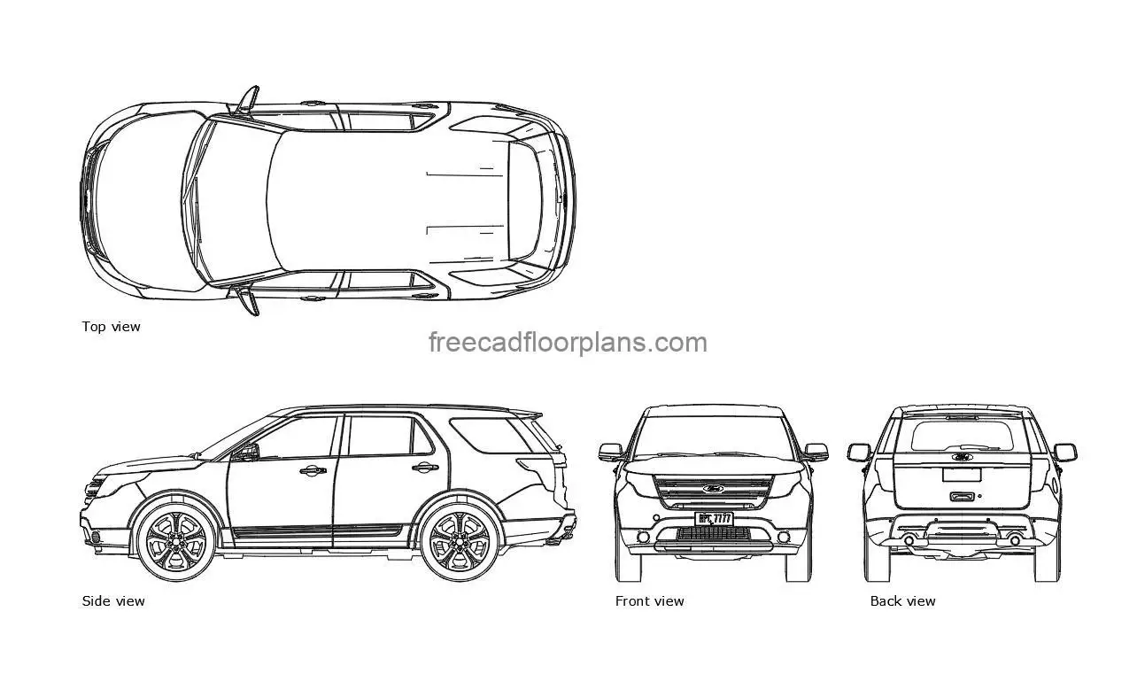 ford explorer autocad drawing, plan and elevation 2d views, dwg file free for download