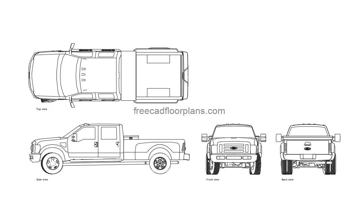 ford f-350 autocad drawing, plan and elevation 2d views, dwg file free for download