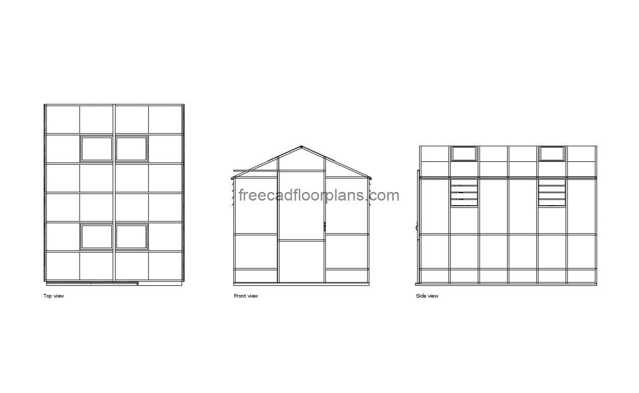 greenhouse autocad drawing, plan and elevation 2d views, dwg file free for download