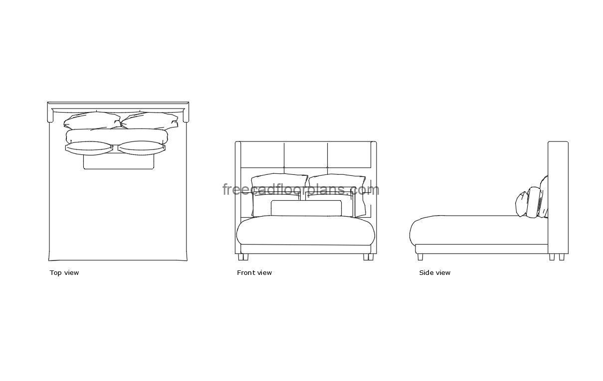 highback bed autocad drawing, plan and elevation 2d views, dwg file free for download