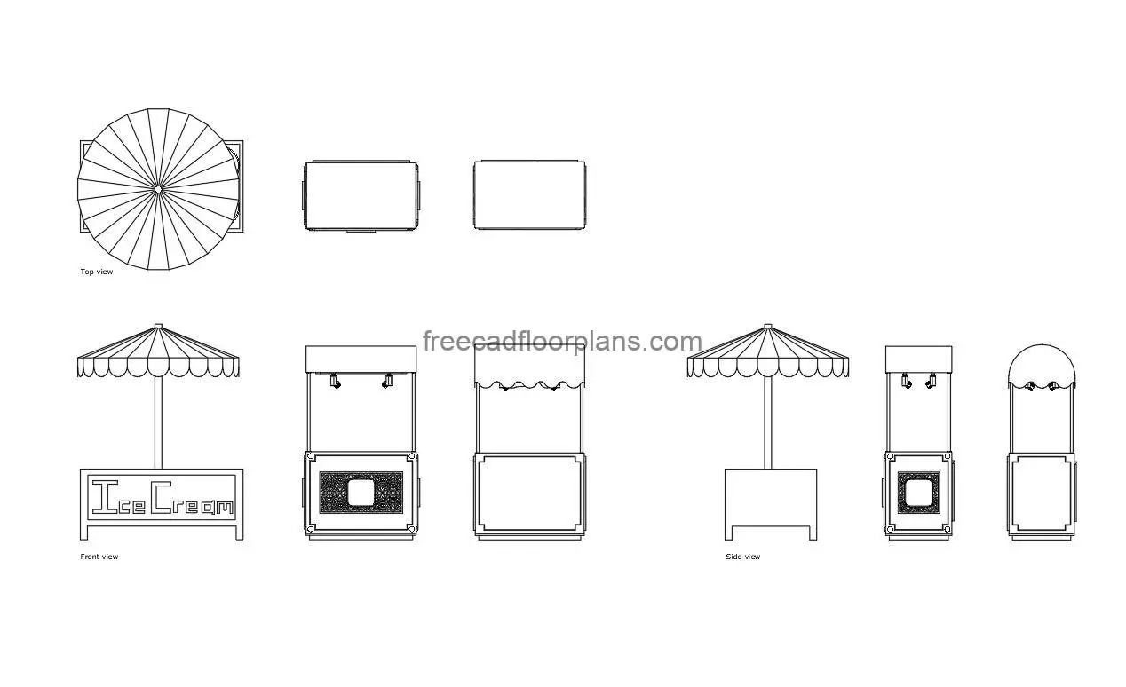 ice cream stand autocad drawing, 2d views, front, plan and side elevation, dwg file free for download