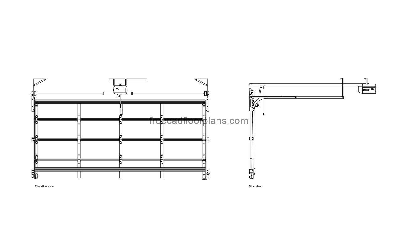 interior elevation of garage door autocad drawing, front and side 2d views, dwg file free for download