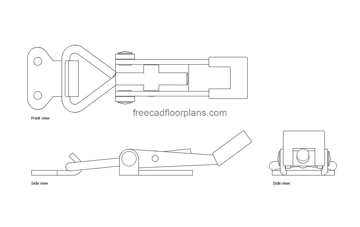 latch clamp autocad drawing, all 2d views, front and side elevations, dwg file free for download
