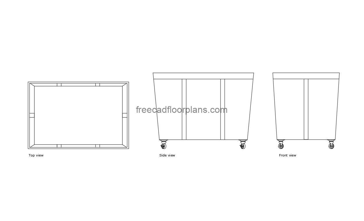 laundry hamper cart autocad drawing, plan and elevation 2d views, dwg file free for download