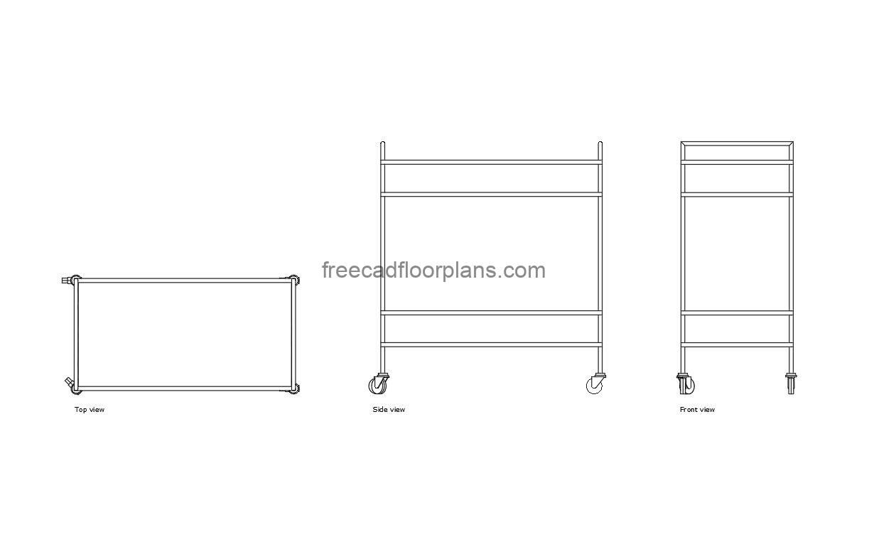 liquor cart autocad drawing, plan and elevation 2d views, dwg file free for download