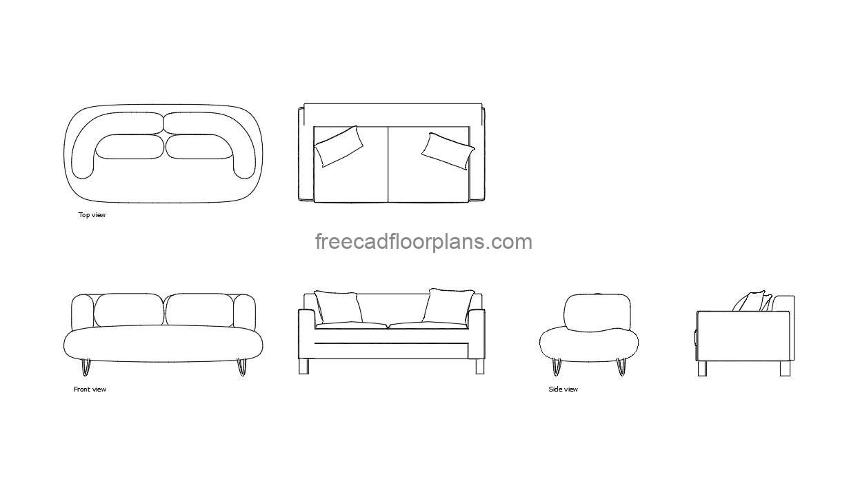 loveseat autocad drawing, plan and elevation 2d views, dwg file free for download