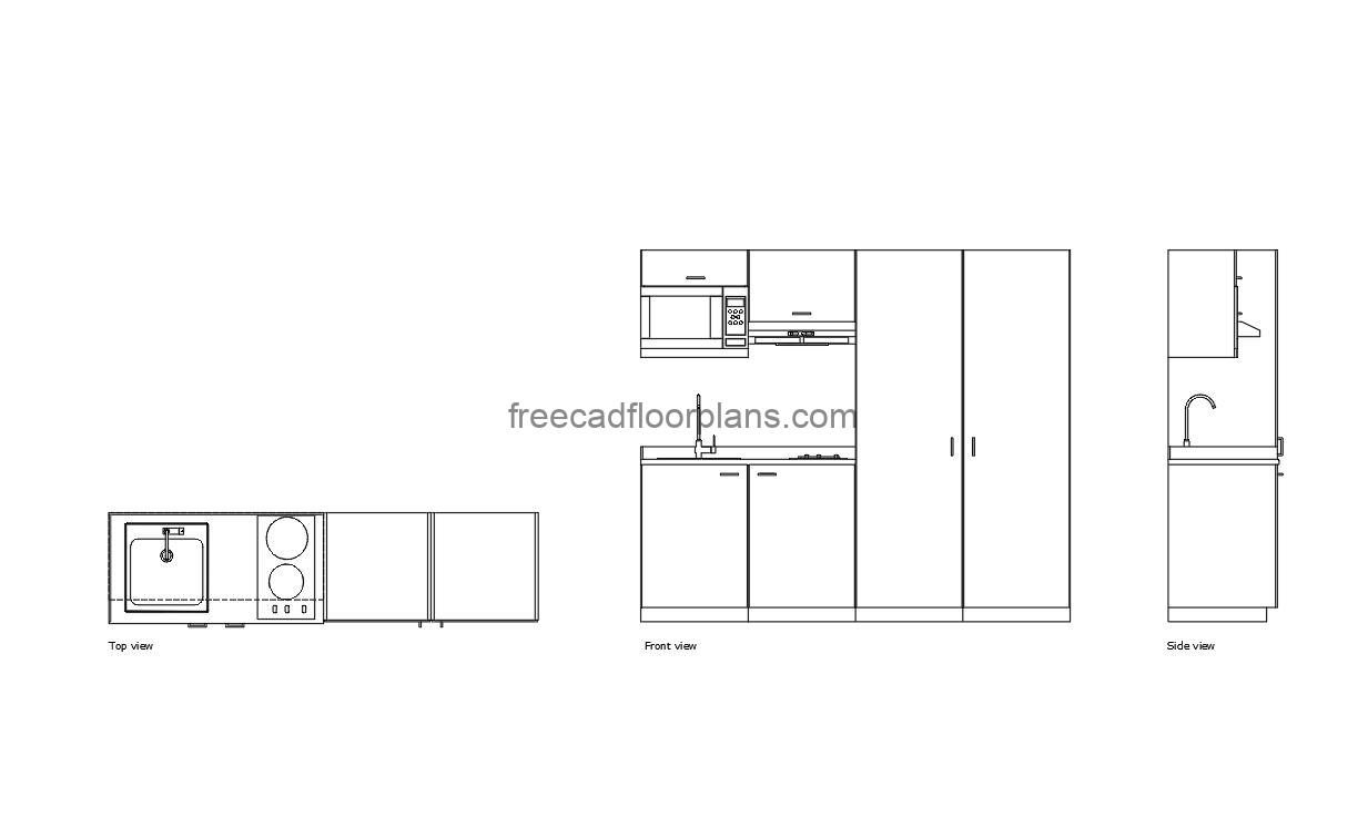 minimalist kitchenette autocad drawing, plan and elevation 2d views, dwg file free for download